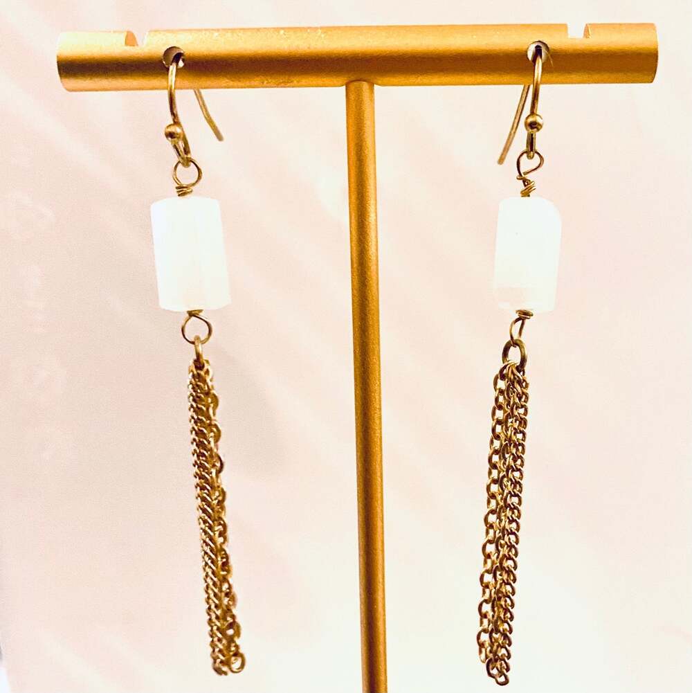 White stone Chain Tassel Earrings